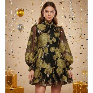 NWT ASOS Sz 4 Med Midi Dress Gold Floral Metallic Sheer Tiered Puff Sleeve Glam